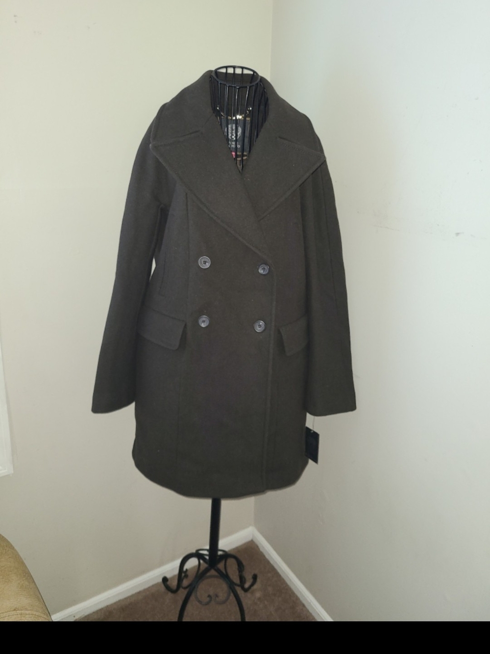 Vince Camuto Dark Olive Double-Breasted Pea Coat
